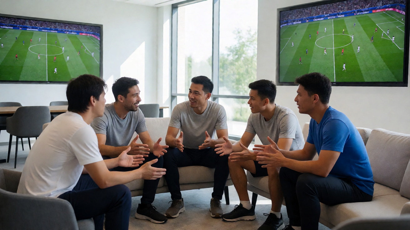 B-Sports体育社区场景，展现体育爱好者聚集观看赛事、交流讨论的氛围